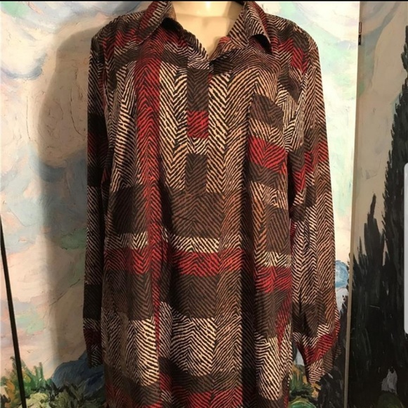 PLUS XXL Brown Print Button Down Neckline L/S Top - Picture 1 of 8